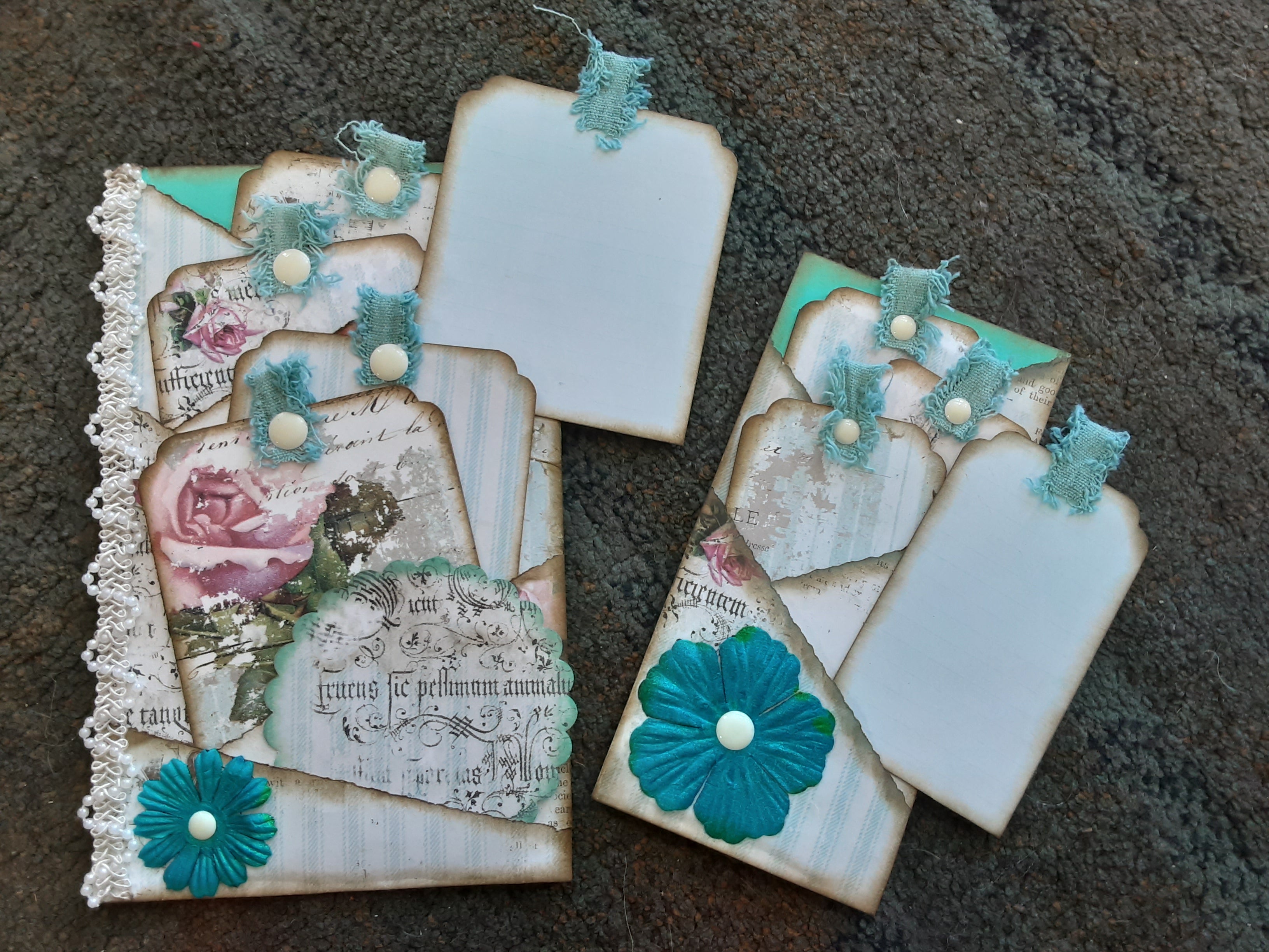 Junk Journal Book Page with Tags and Separate Tag--Teal