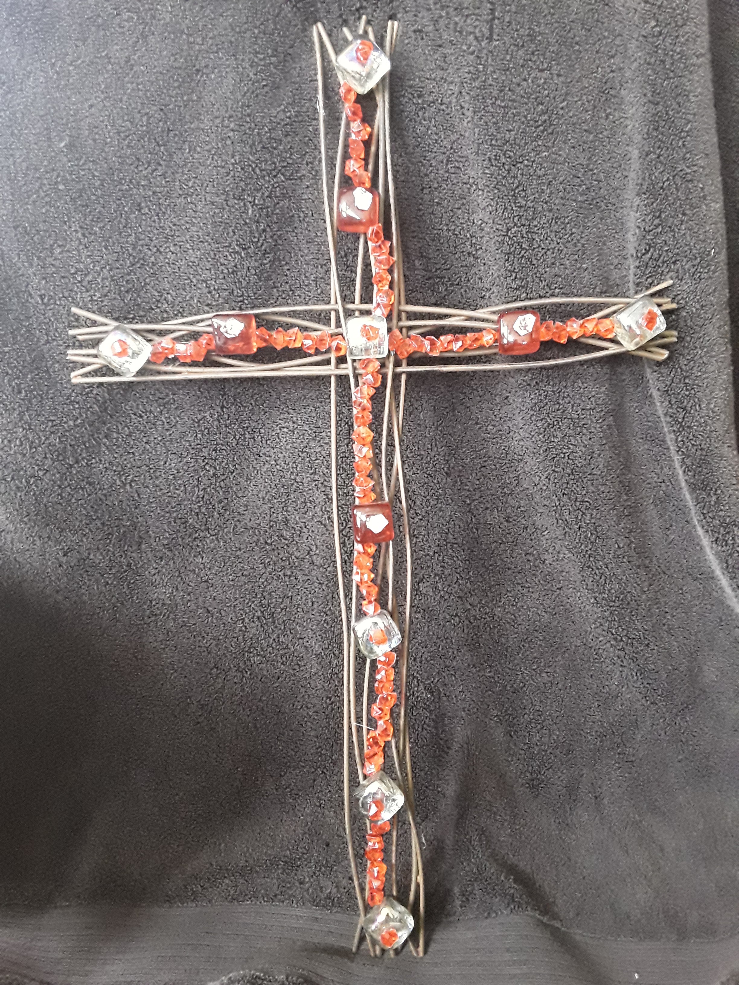 Beaded Cross Embellished with Red Plastic Crystal Dazzlers and Red and Clear Iridescent Glass Squares