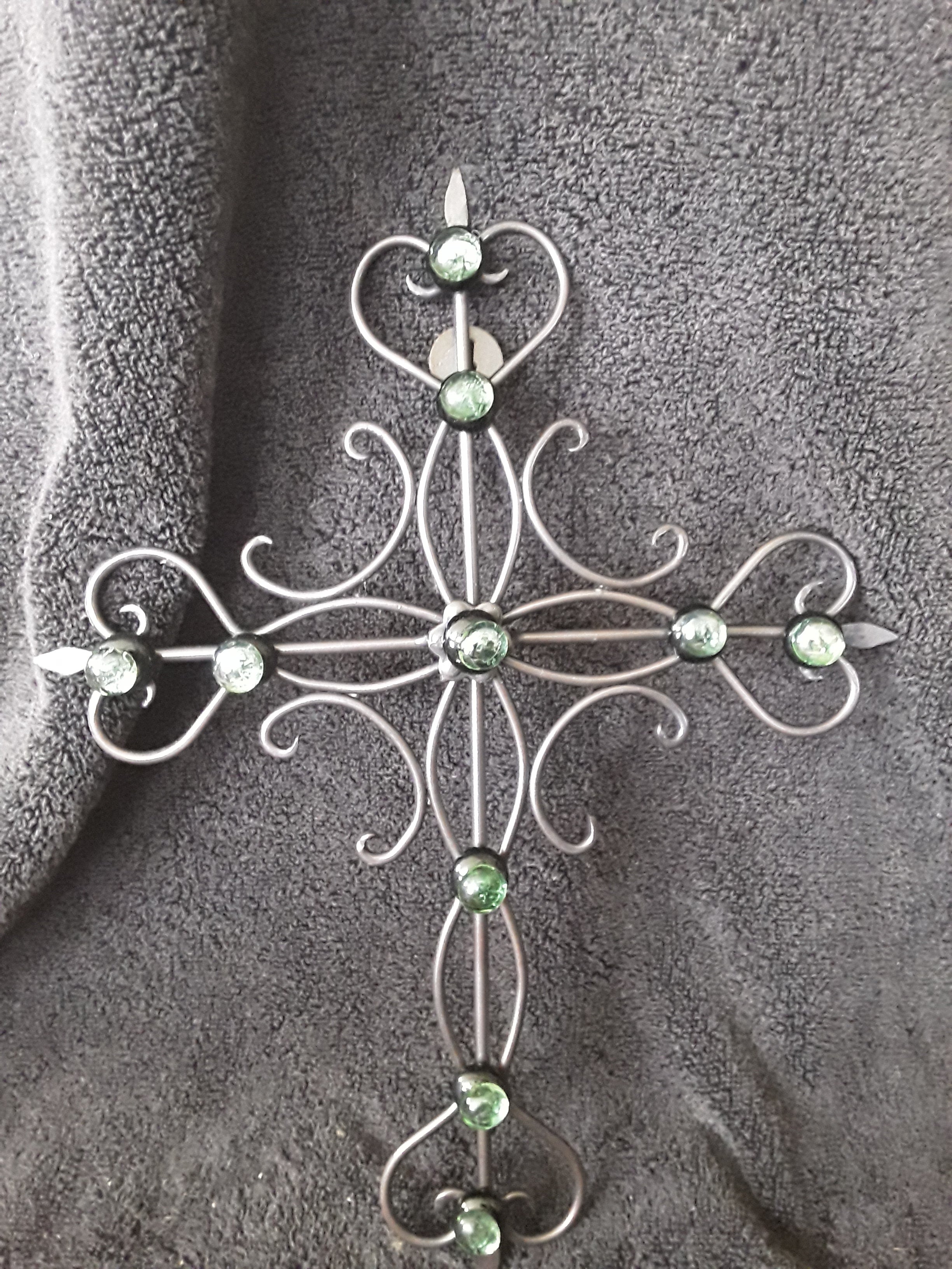 Beaded Cross Embellished with Green and Black Flat Back Button Stones
