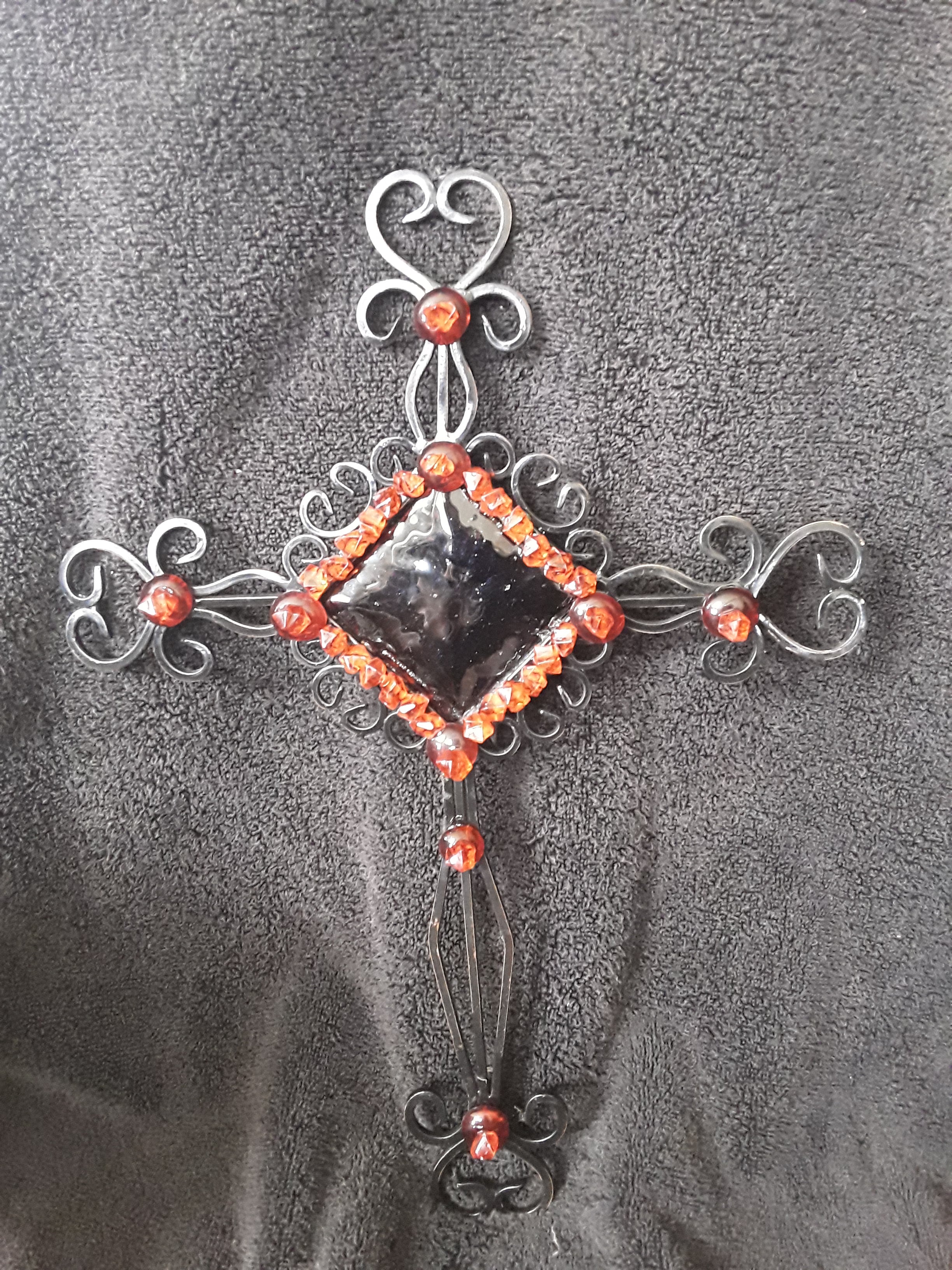 Stunning Metal Cross Embellished with Red Plastic Crystal Dazzlers and Red Flat Back Button Stones