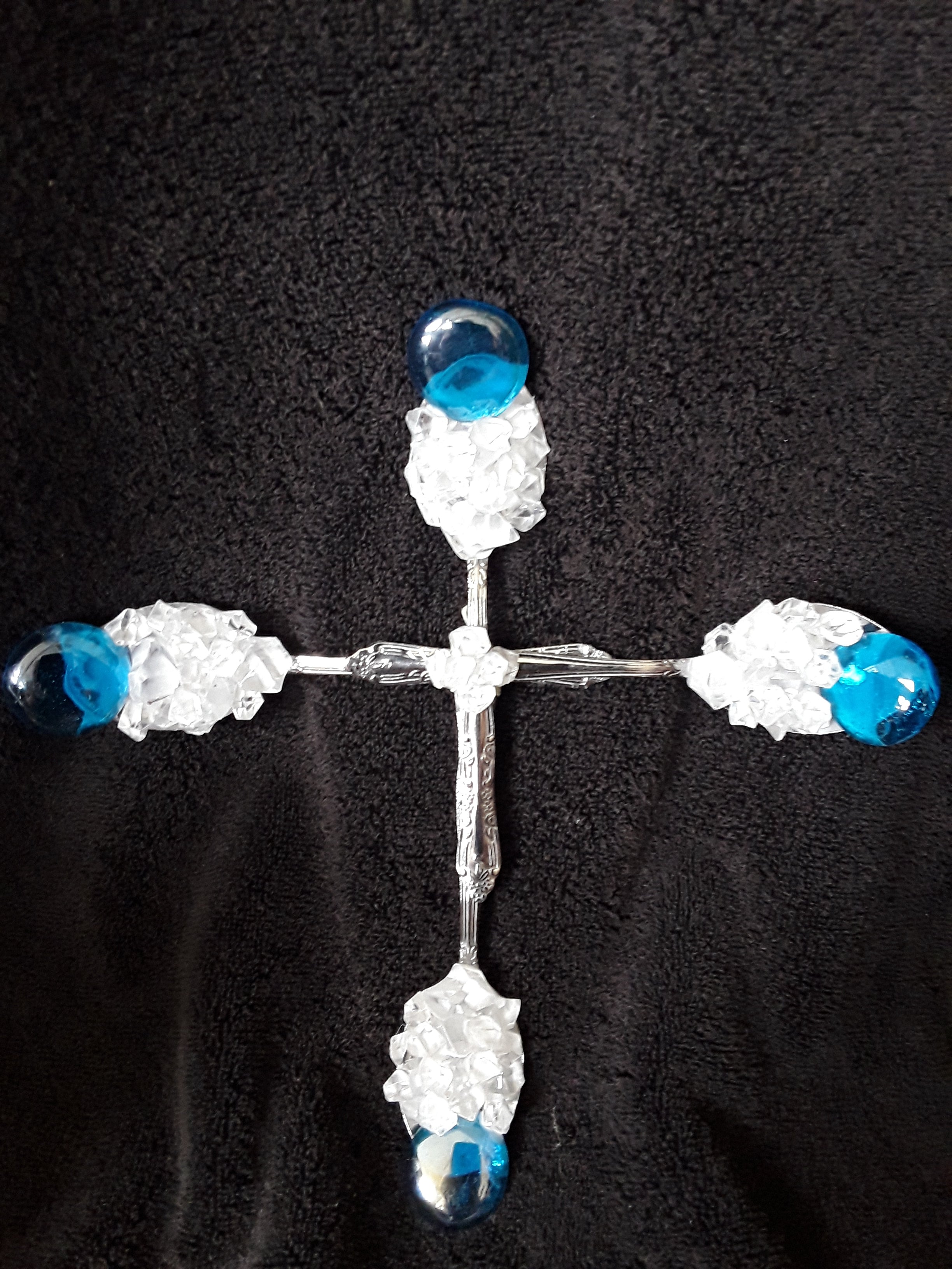 Beautiful Spoon Cross Embellished with Turquoise and Clear Stones