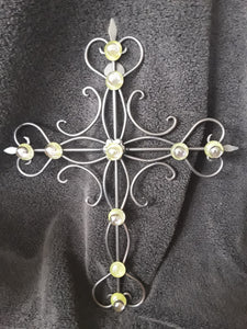 Metal Cross Embellished with Yellow and Purple flat Back Glass Stones