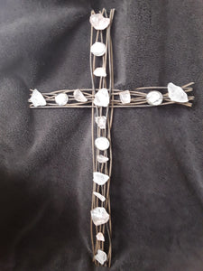 Metal Beaded Cross Embellished with Large Chunks of Pink and White Sea Glass