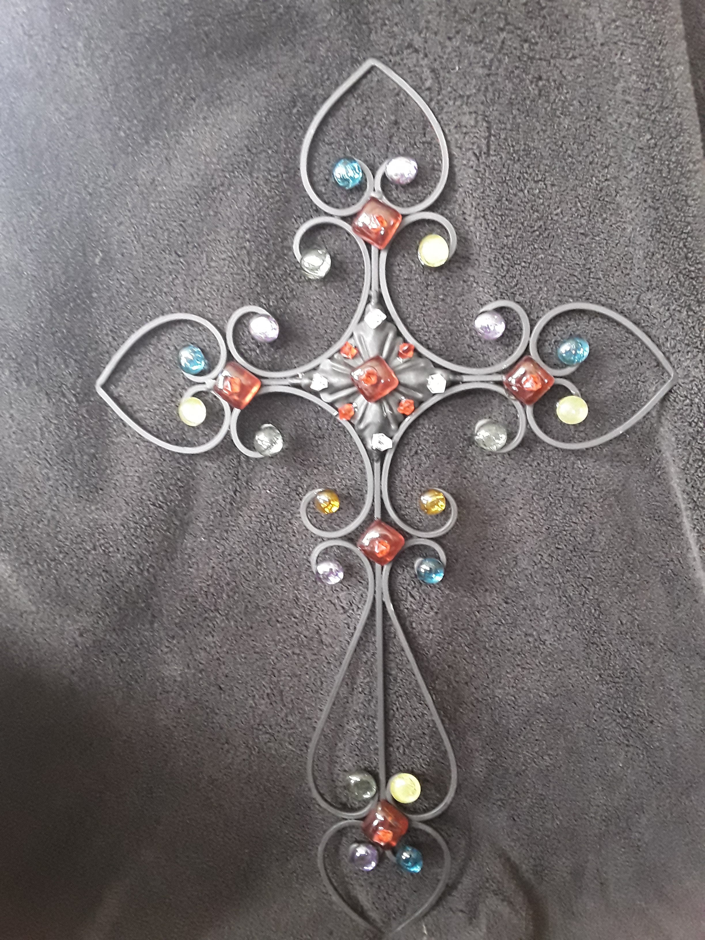 Beautiful Metal Filigree Cross Embellished with Multi-colored Flat Back Stones and Plastic Crystal Dazzlers