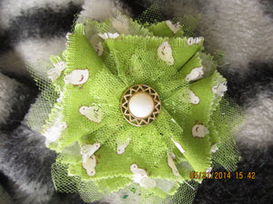 Handmade Fabric and Tulle Flower--Green with Cream Chicks
