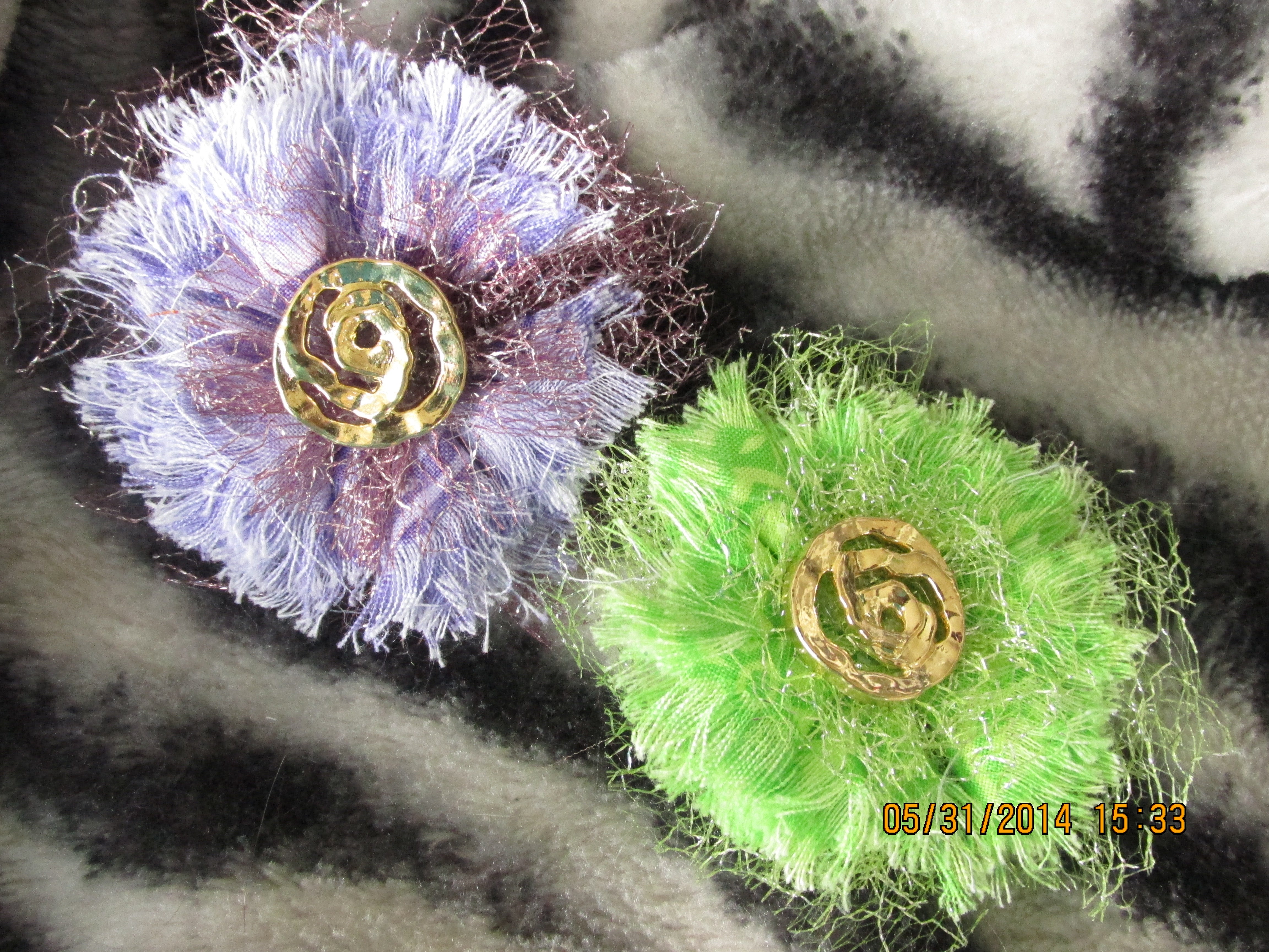 Handmade Tulle and Fabric Flowers--Green and Purple