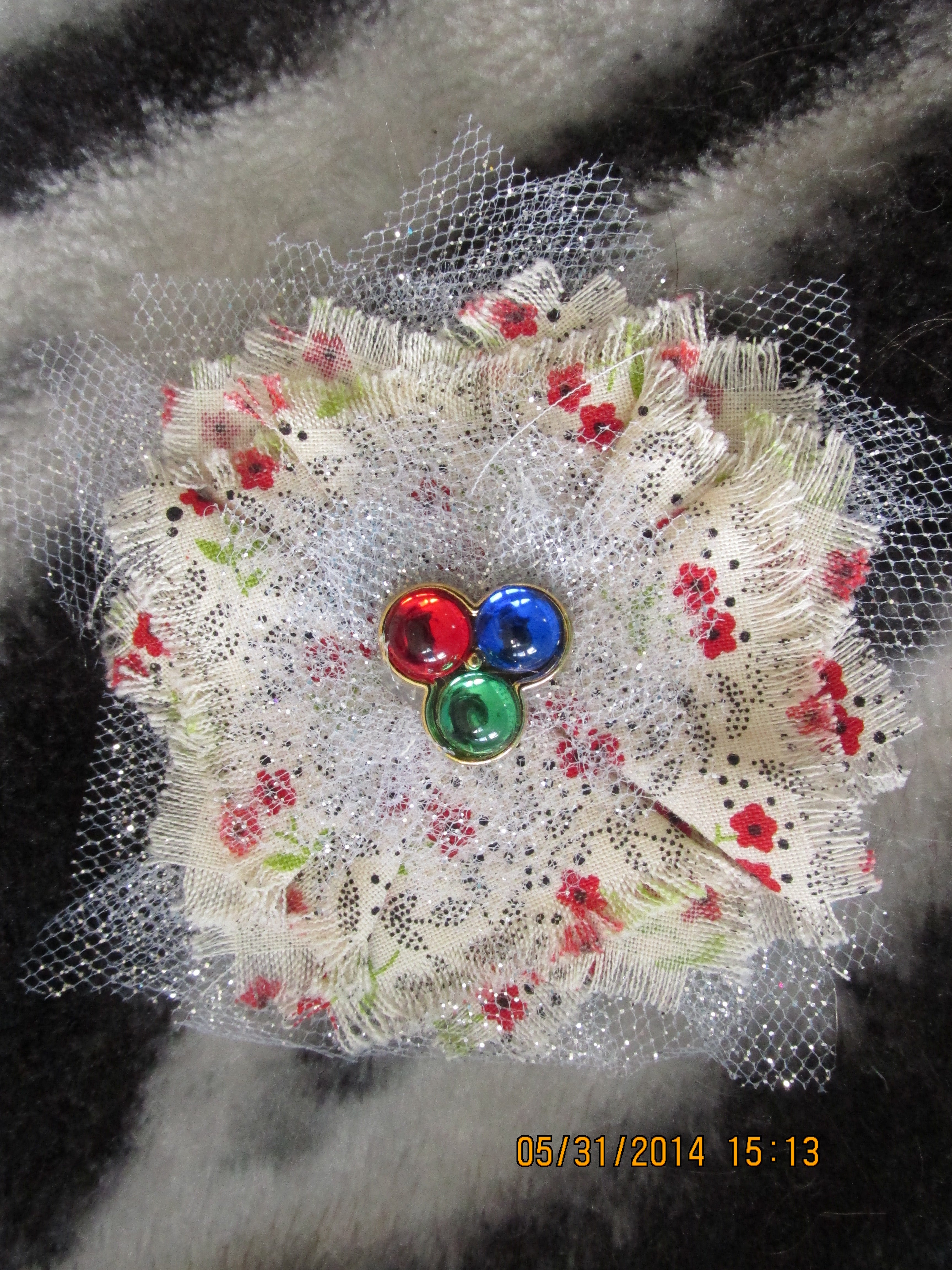 Handmade Fabric and Tulle Flower--Cream with Red Flowers