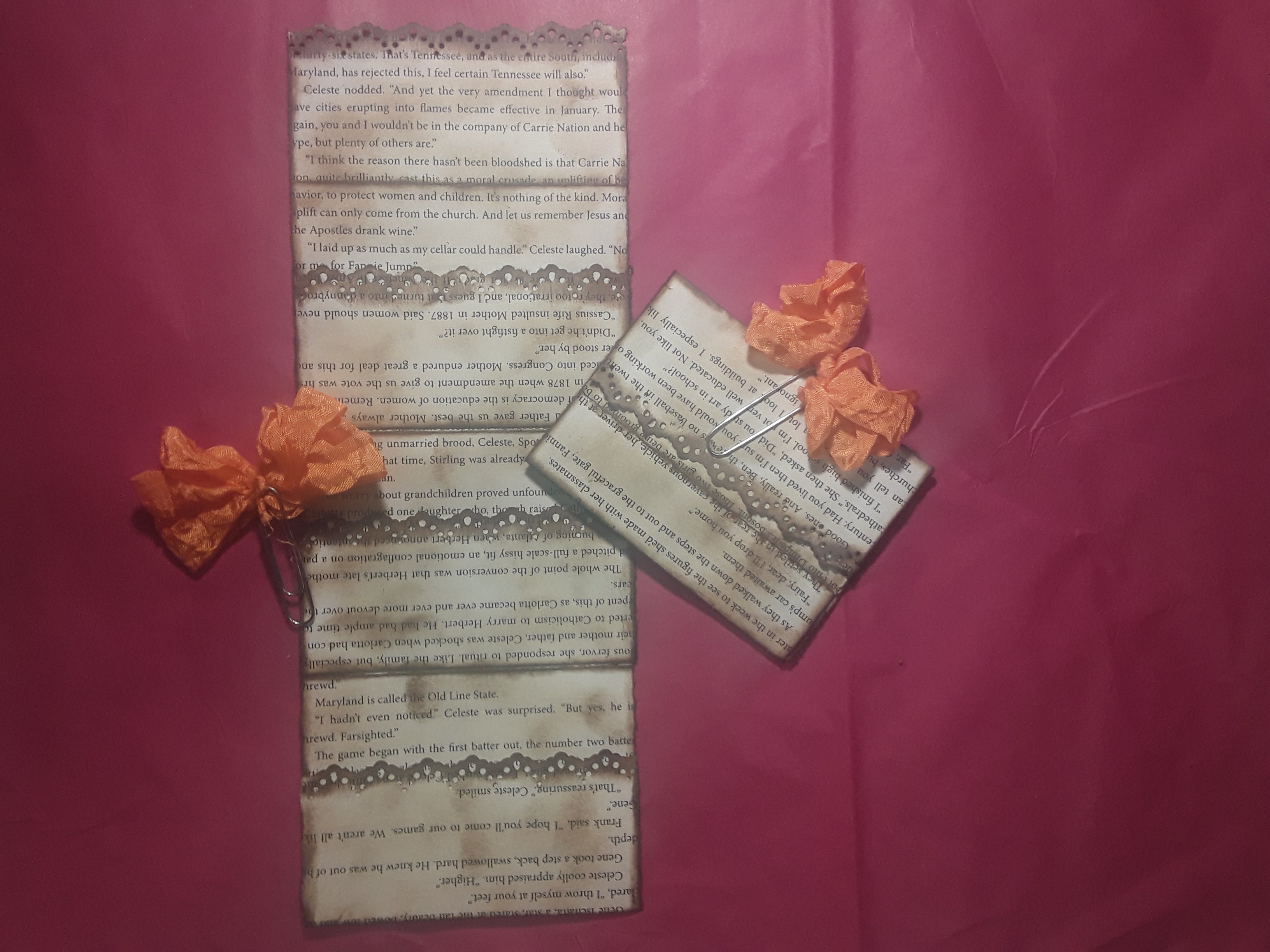 Three Pocket Folded Book Page--Set of 2--With Orange Ribbon Paperclips